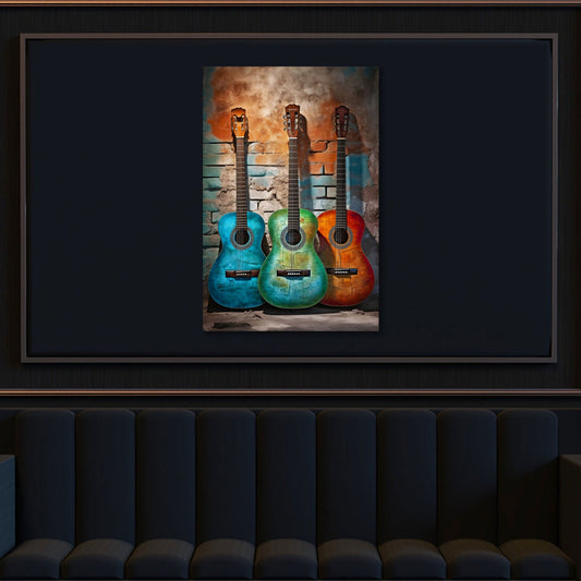 Drei bunte Gitarren an alter Backsteinwand Wandbild