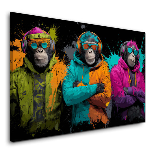Drei coole Affen mit Kapuzen und Kopfhörern Neon Wandbild