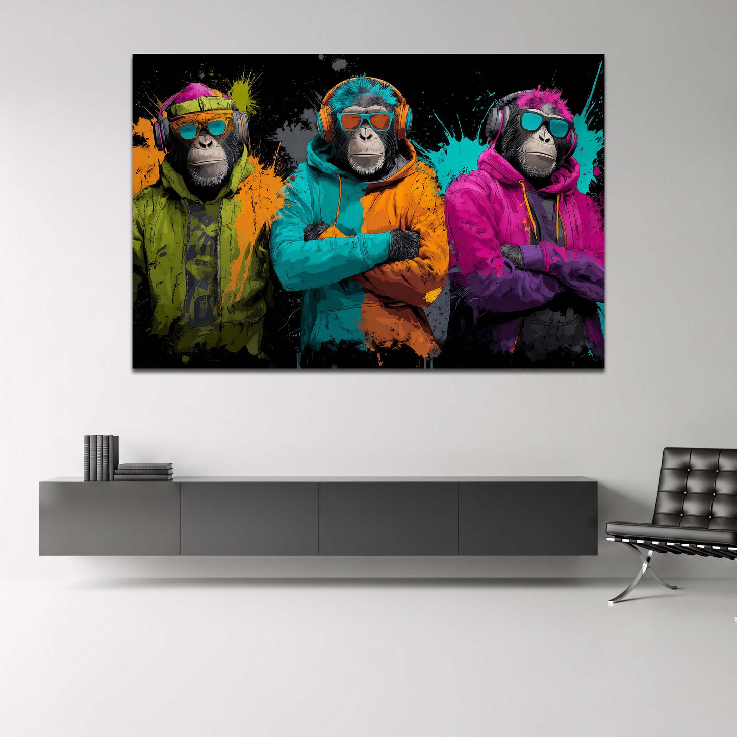 Drei coole Affen mit Kapuzen und Kopfhoerern Neon Wandbild