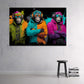Drei coole Affen mit Kapuzen und Kopfhoerern Neon Wandbild