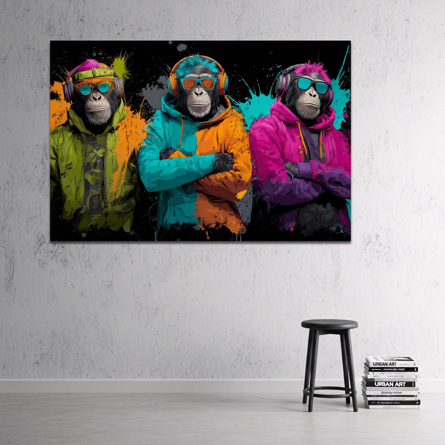 Drei coole Affen mit Kapuzen und Kopfhoerern Neon Wandbild