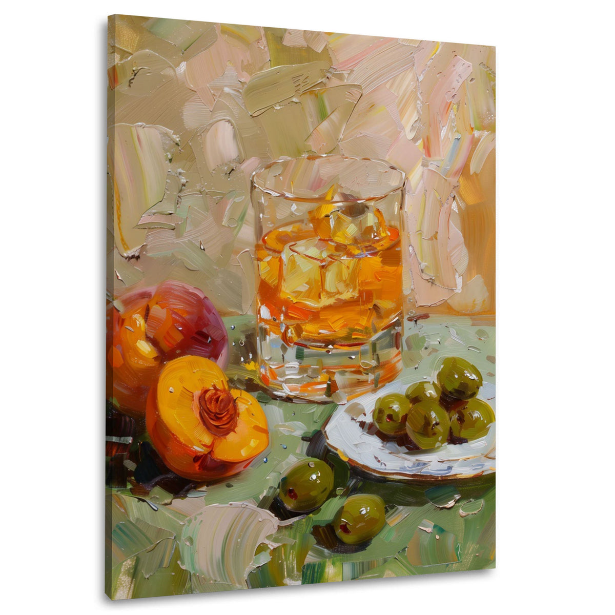 Drink mit Oliven und Pfirsich als Stillleben Wandbild im Hochformat