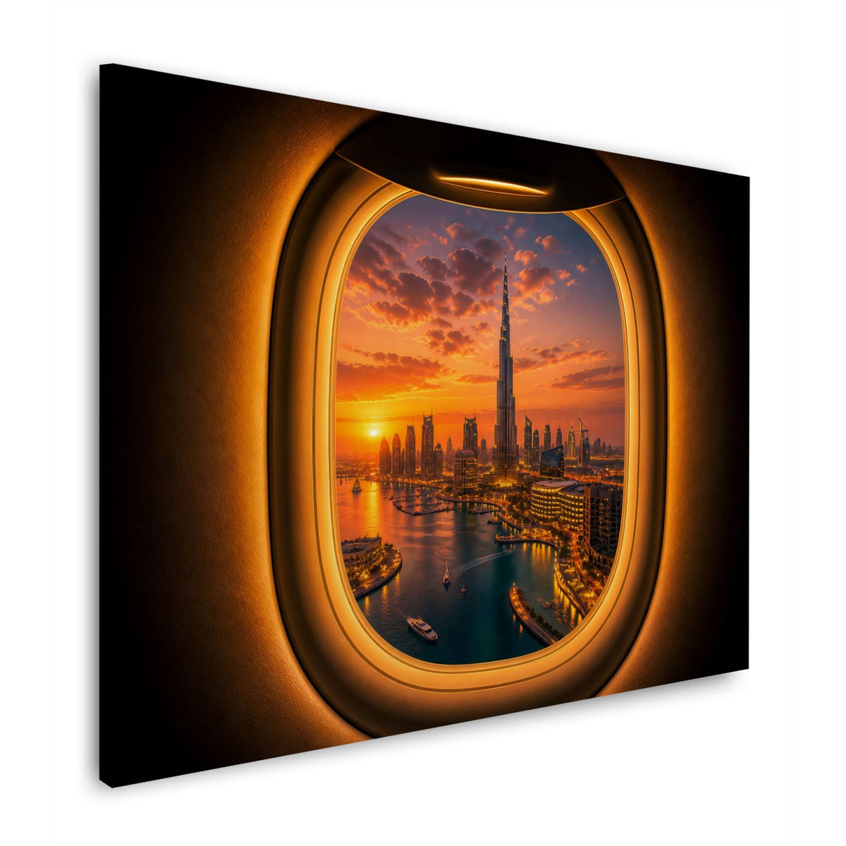 Dubai Skyline aus dem Flugzeugfenster Wandbild im Querformat