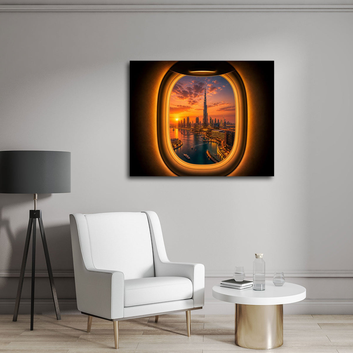 Dubai Wandbild mit Skyline über einem Sofa im Wohnraum