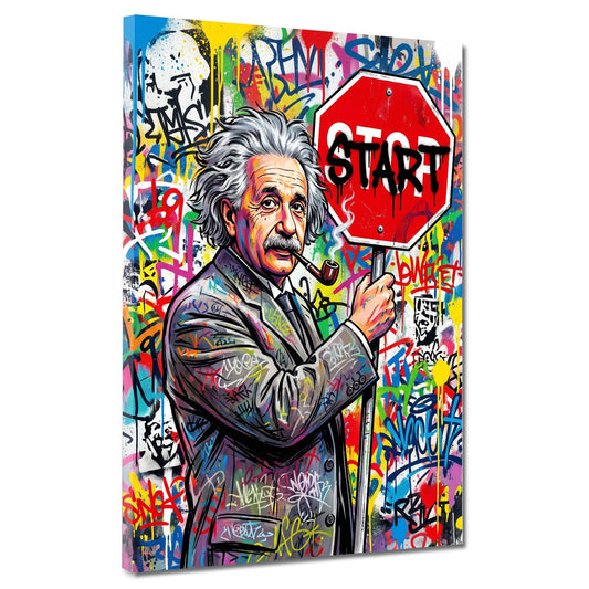 Einstein mit Pfeife und Start Schild Pop Art Graffiti Wandbild