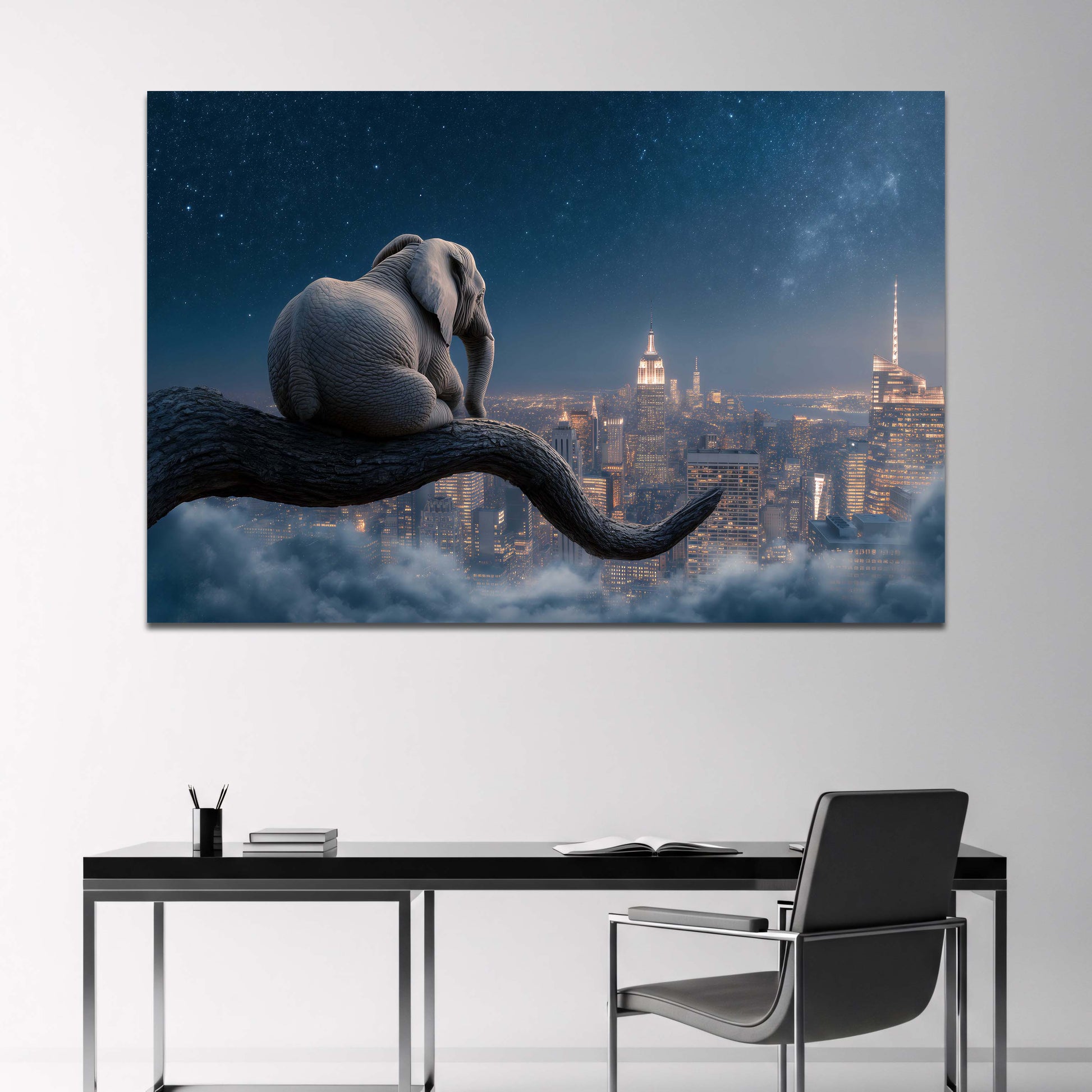 Elefant auf Ast über der Skyline von New York Wandbild