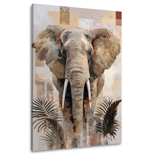 Elefant im Boho Stil mit Palmen und Beige Wandbild im Hochformat