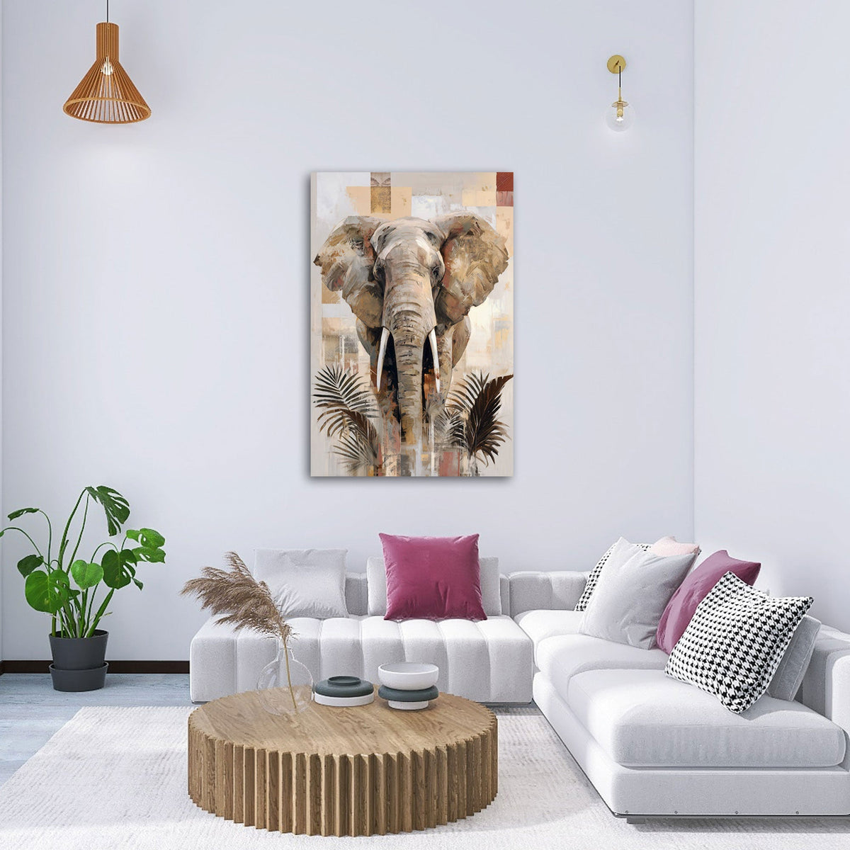 Elefanten Wandbild in Beige im Hochformat an einer Wohnraumwand
