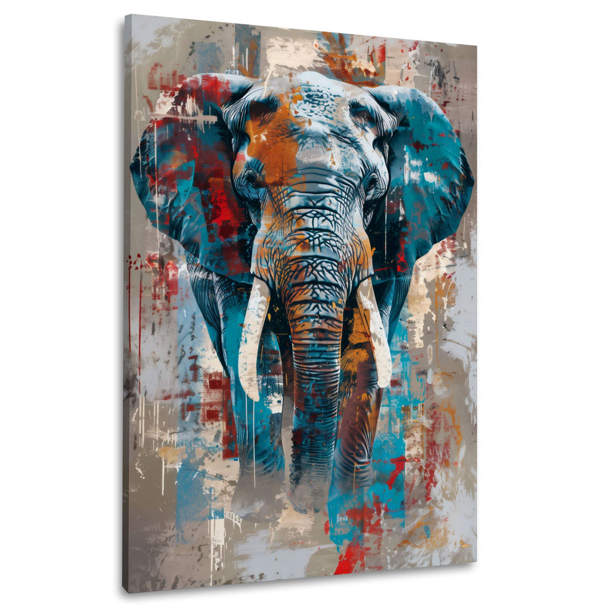 Elefant in Blau und Orange abstrakt gestaltet Wandbild im Hochformat