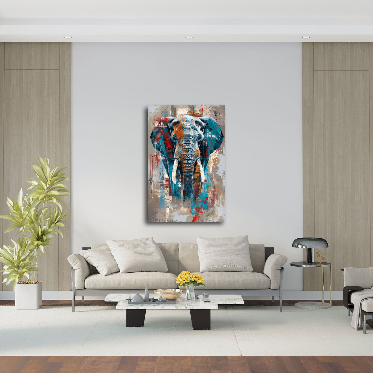 Abstraktes Elefanten Wandbild über einem Sofa im Wohnraum