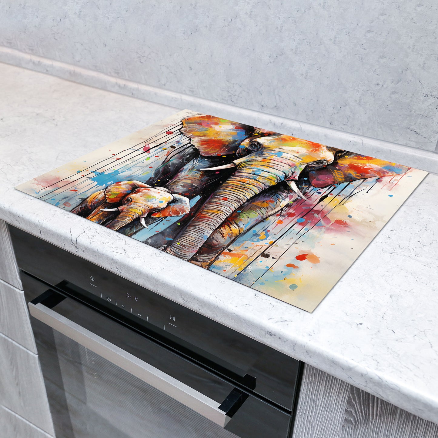 Elefant mit Baby Pop Art Herdabdeckplatte Induktionsschutz für Ceranfeld & Küche Deko