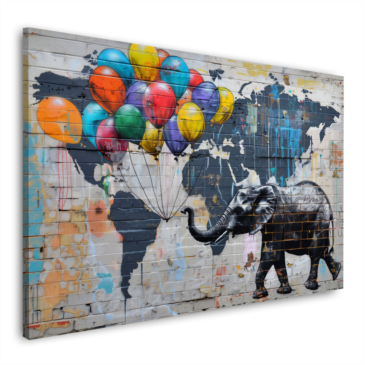 Elefant mit Ballons vor Weltkarte als Street Art Wandbild