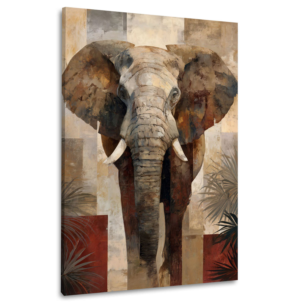Elefant mit Blattmotiven in warmen Erdtönen Wandbild im Hochformat
