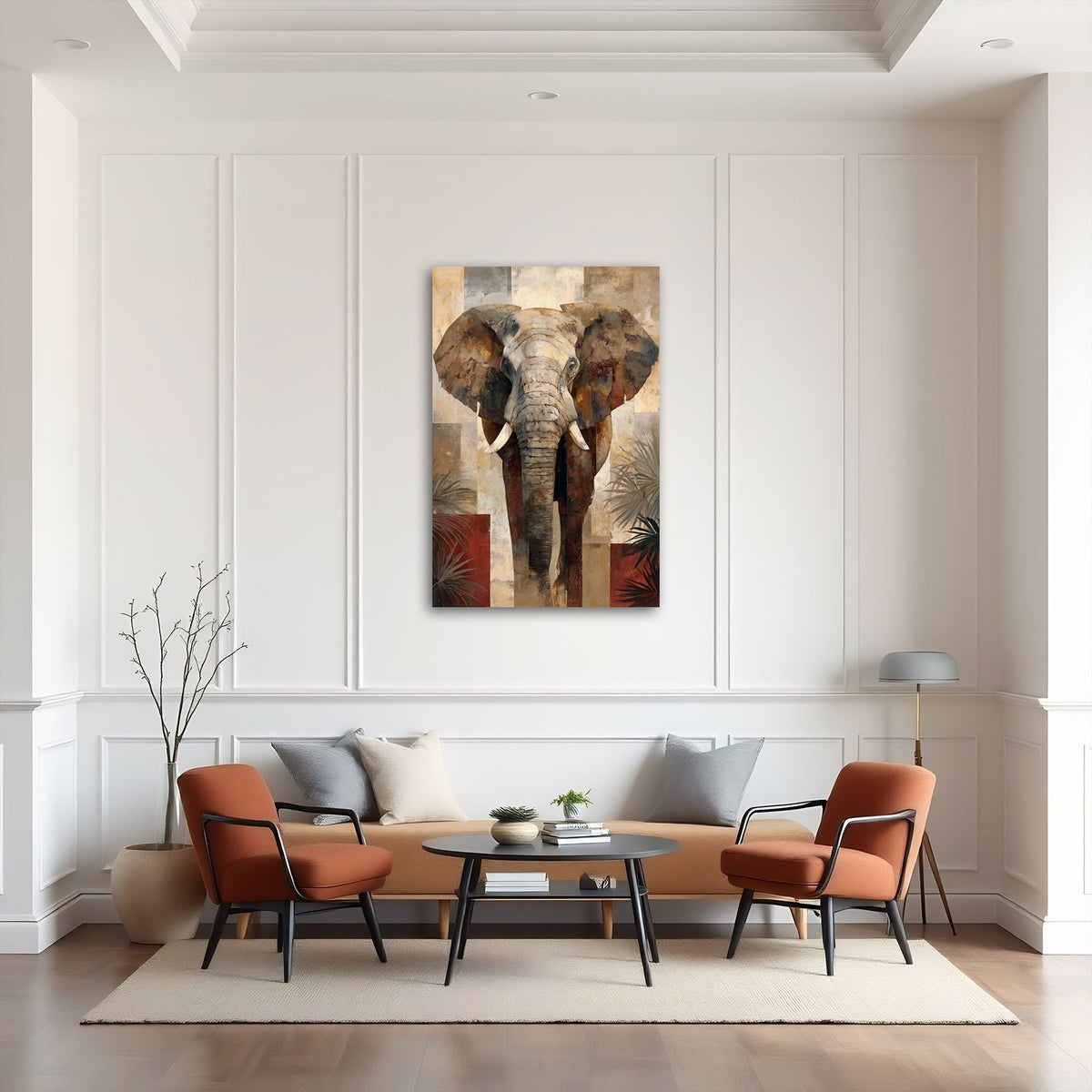 Elefanten Wandbild in Erdtönen über einem Sofa im Wohnraum