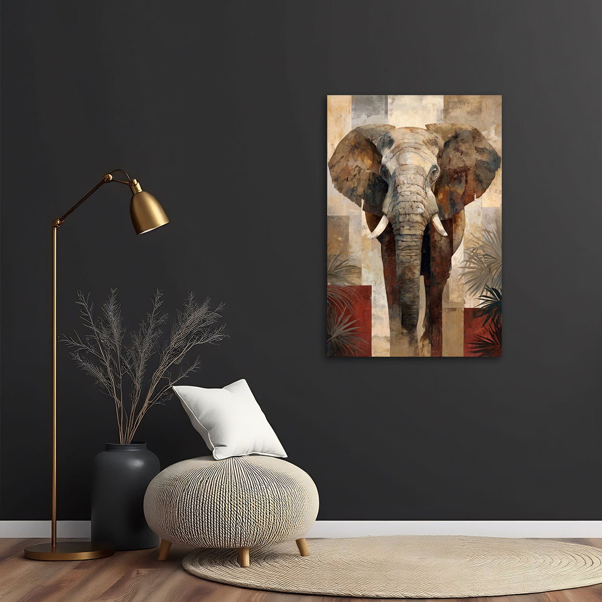 Elefanten Wandbild im Hochformat an einer Wohnraumwand
