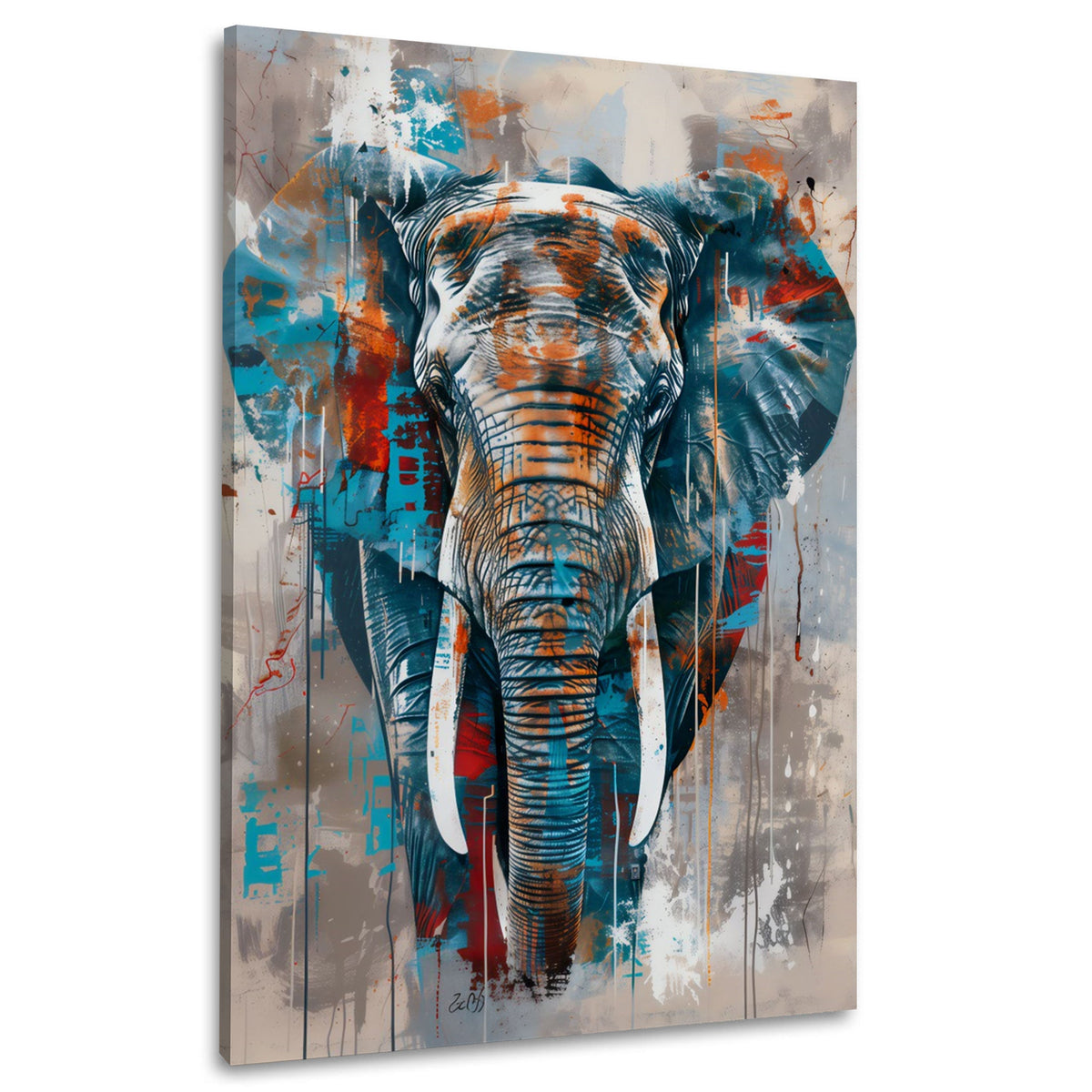 Elefant mit blauen Farbspuren expressiv Wandbild im Hochformat