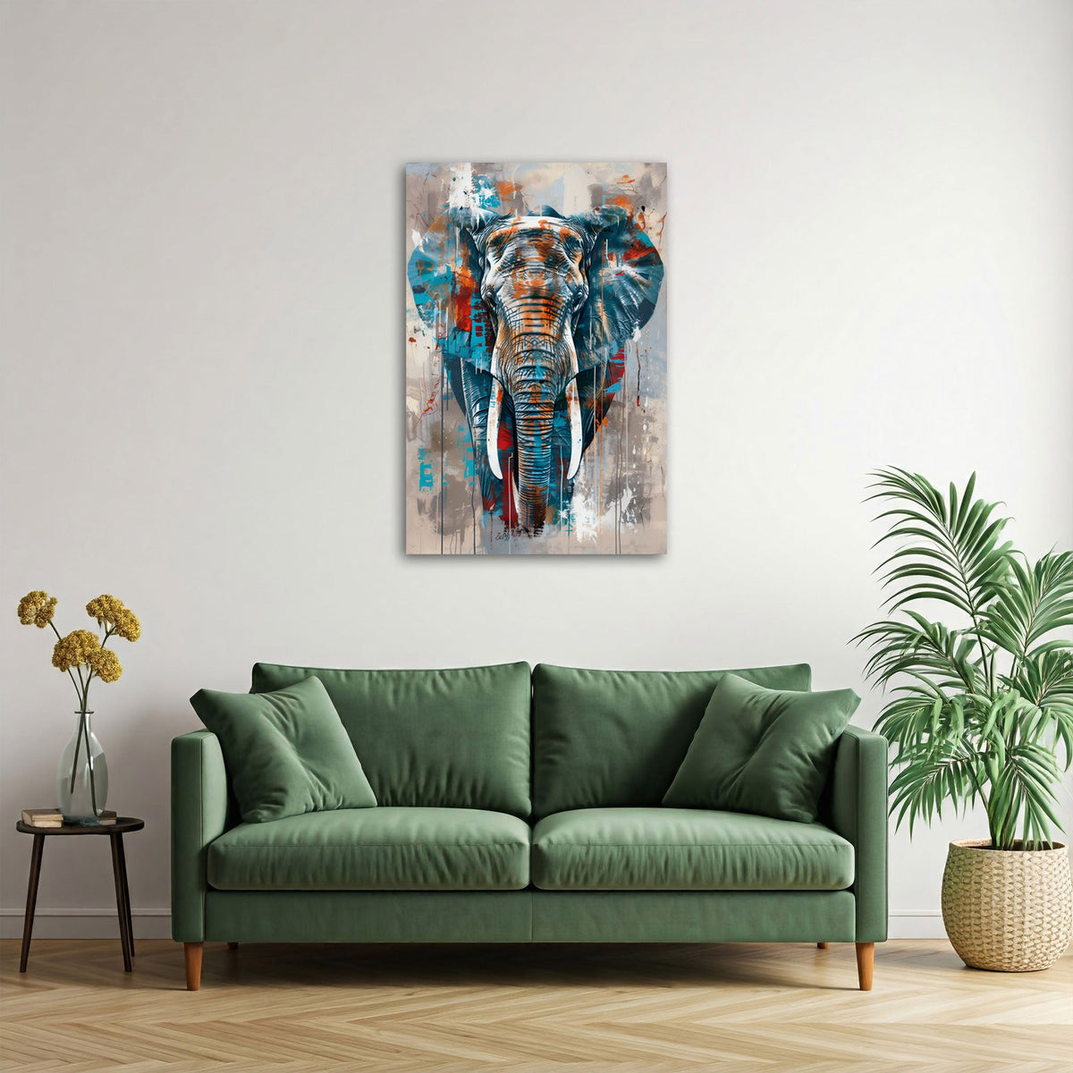 Elefanten Wandbild im Hochformat an einer Wohnraumwand