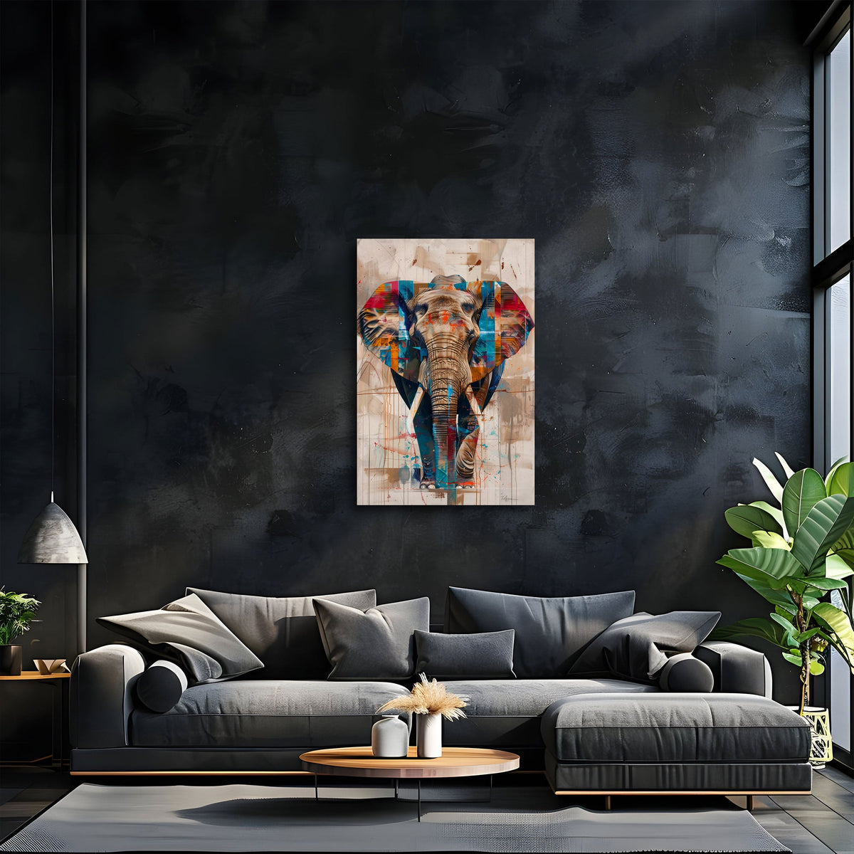Modernes Elefanten Wandbild über einem Sofa im Wohnraum