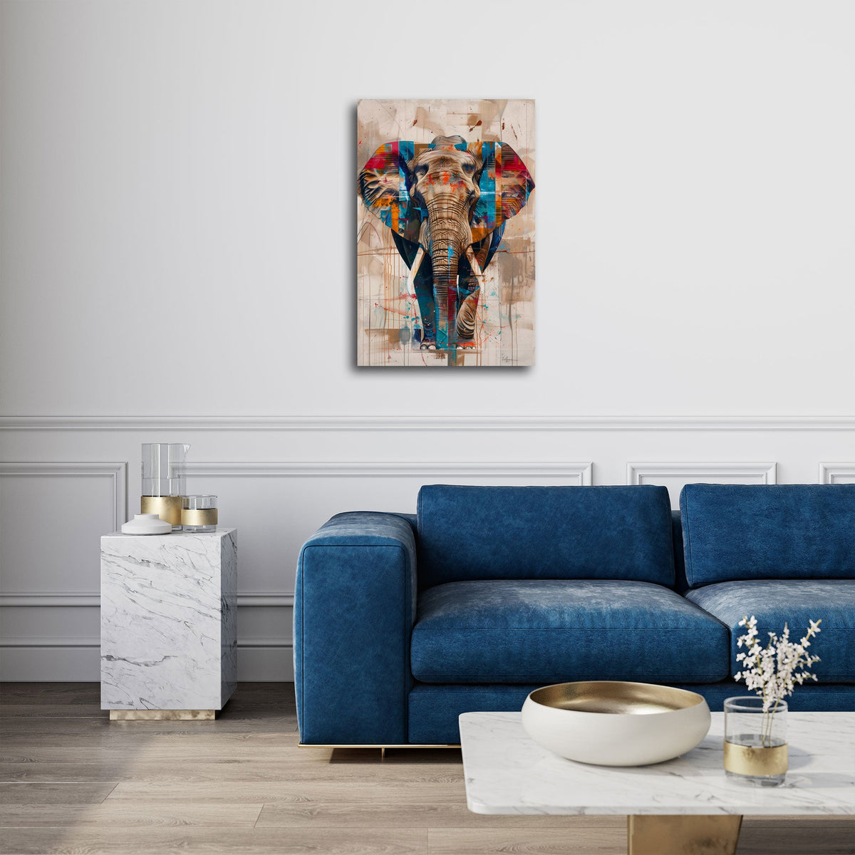 Elefanten Wandbild im Hochformat an einer Wohnraumwand