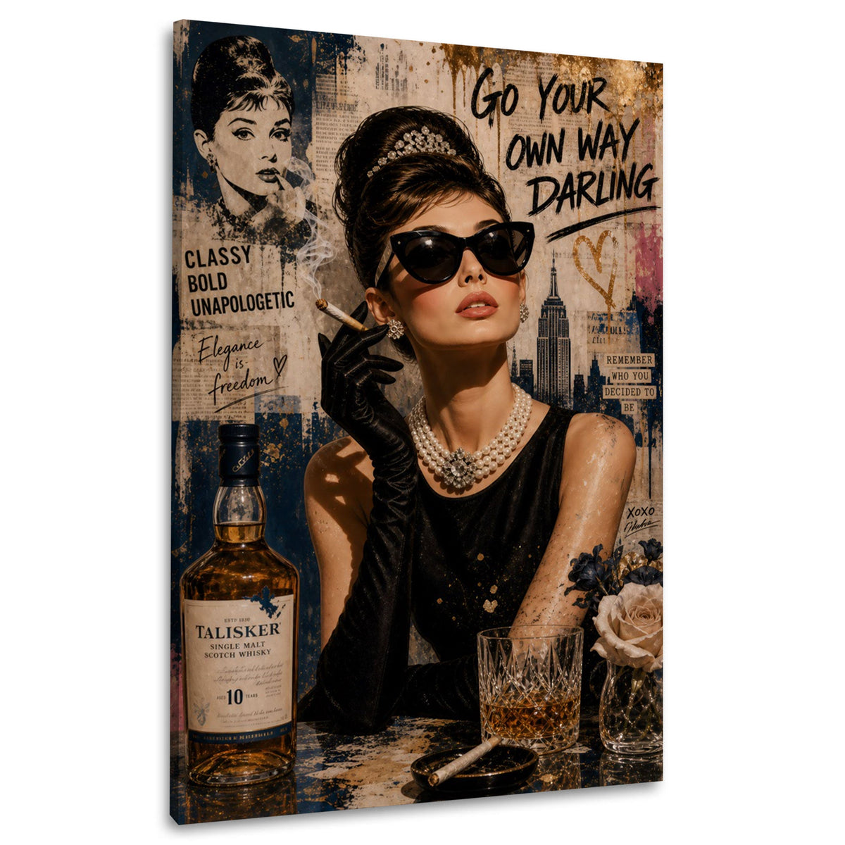 Elegante Audrey mit Perlen vor New York Skyline Wandbild