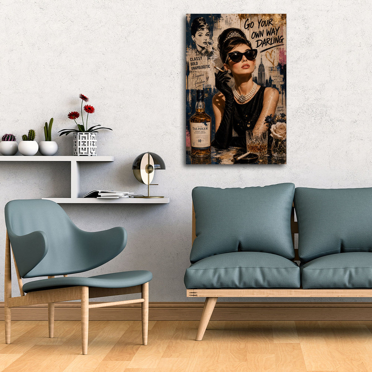 Elegante Audrey mit Perlen vor New York Skyline Wandbild