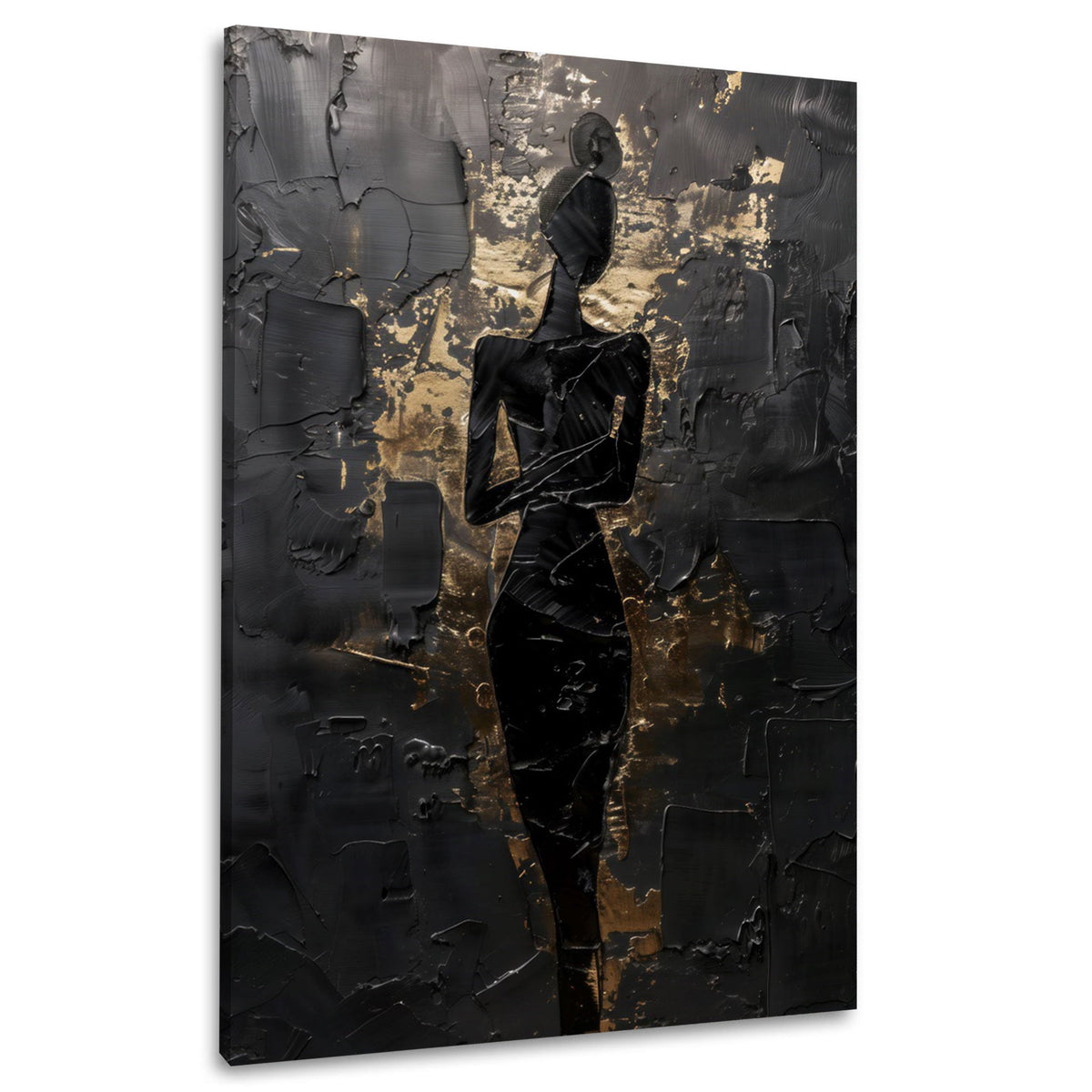 Elegante Frau in Schwarz mit Goldakzenten Wandbild im Hochformat