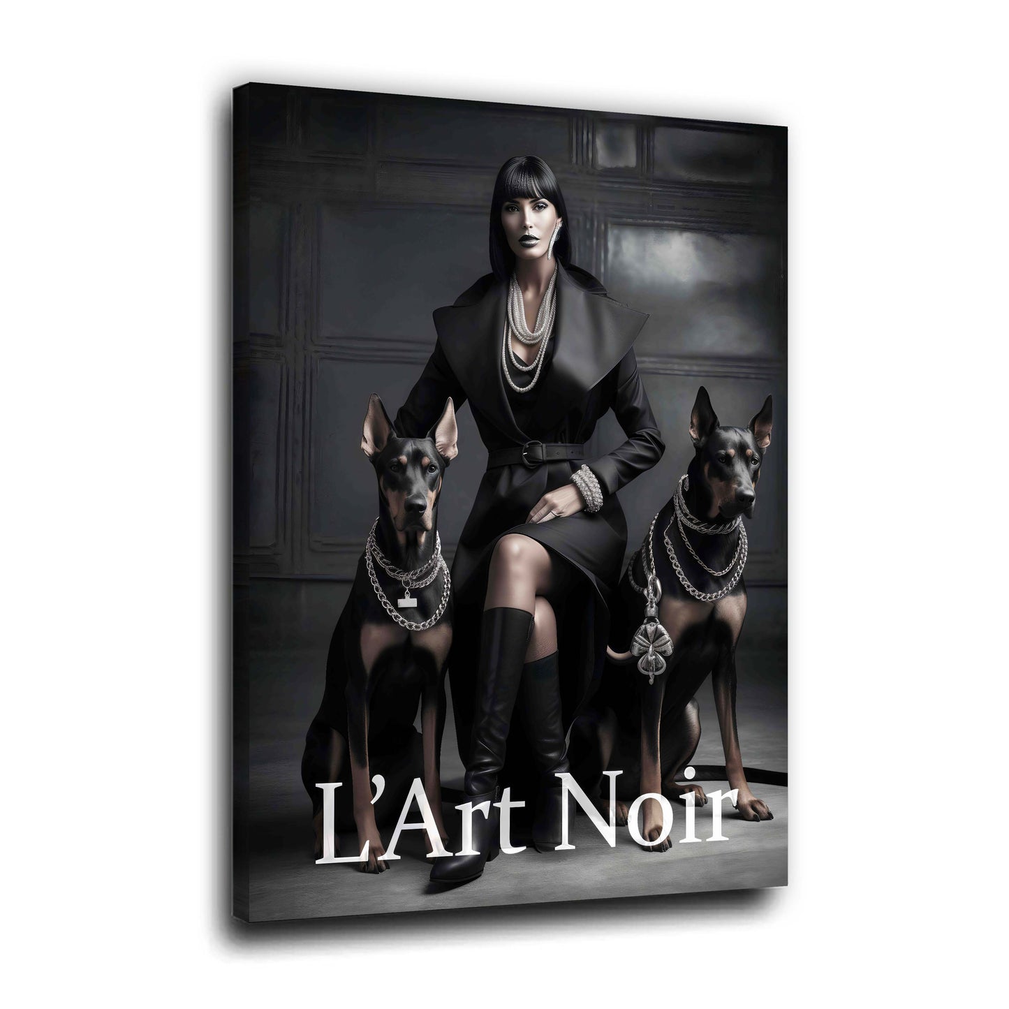 Elegante Frau mit Dobermännern L'Art Noir schwarz weiß luxuriös Wandbild