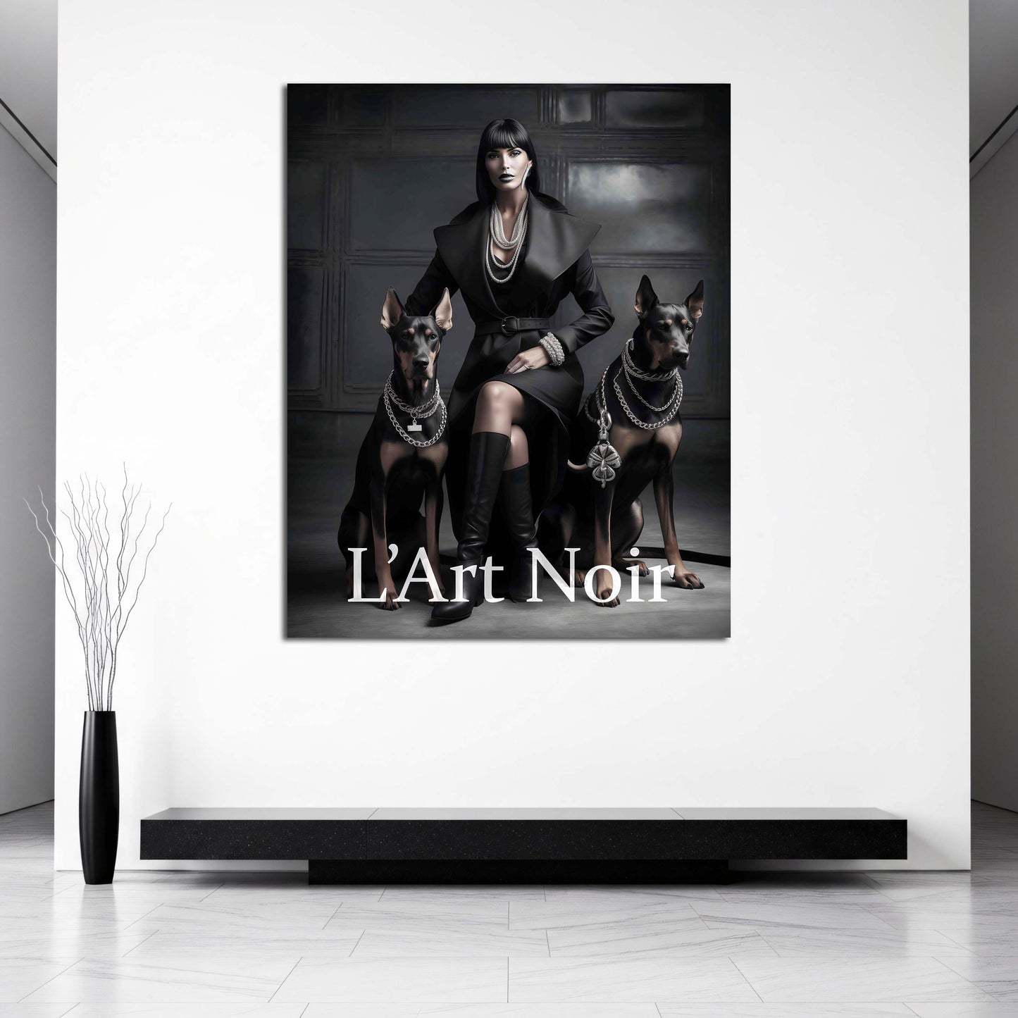 Elegante Frau mit Dobermännern L'Art Noir schwarz weiß luxuriös Wandbild