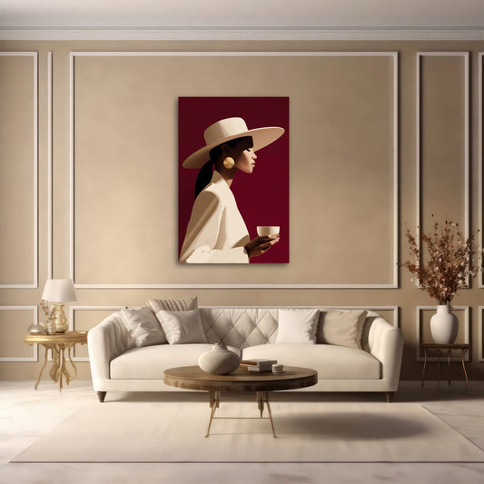 Minimalistisches Porträt Wandbild über einem Sofa im Wohnraum