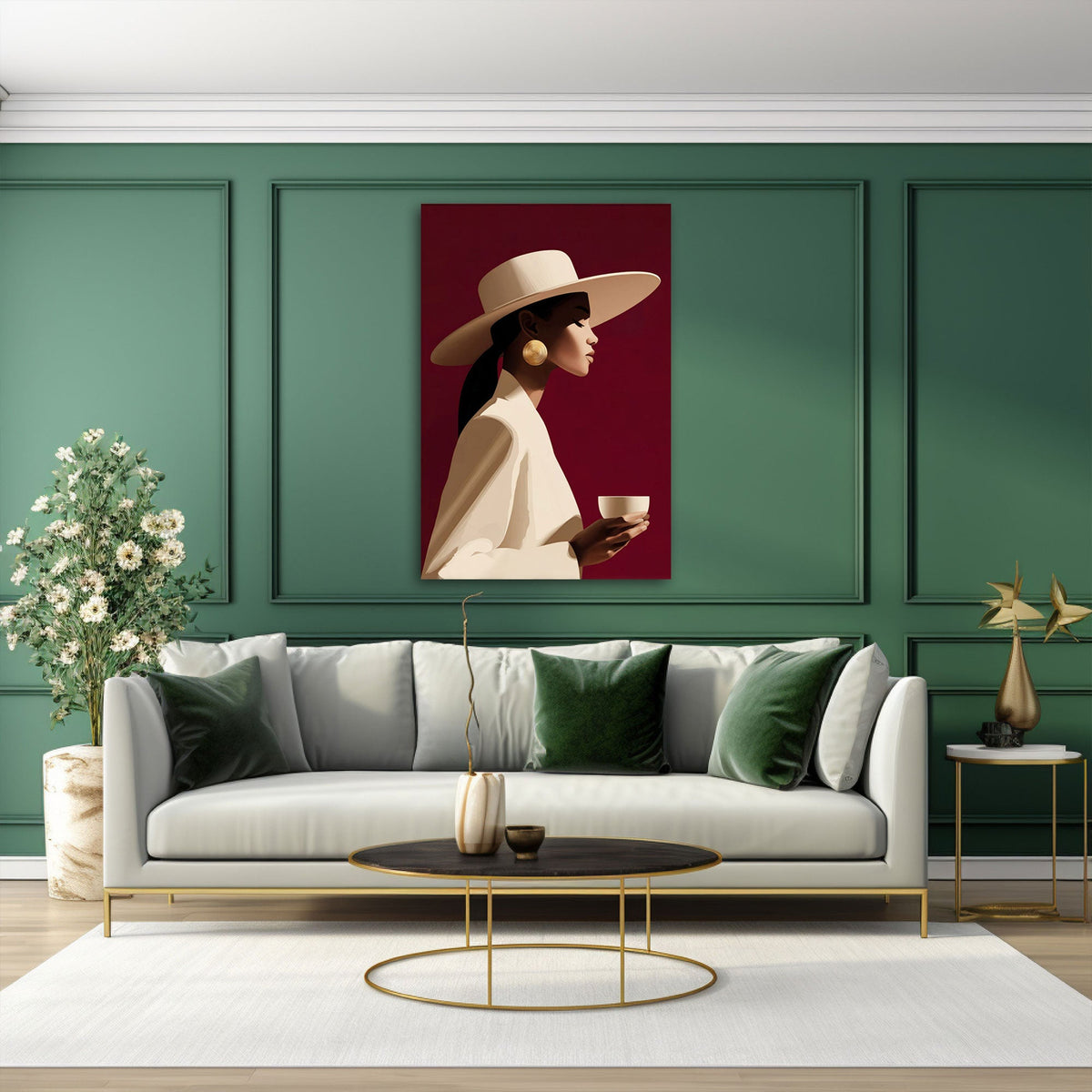 Elegantes Frauenporträt Wandbild im Hochformat an einer Wohnraumwand
