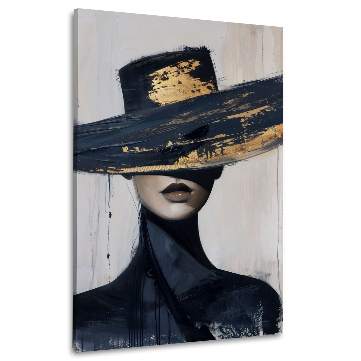 Elegante Frau schwarzer Hut Gold expressiv Wandbild