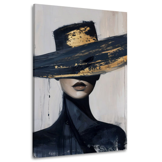Elegante Frau schwarzer Hut Gold expressives Wandbild