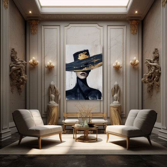 Elegante Frau schwarzer Hut Gold expressiv Wandbild
