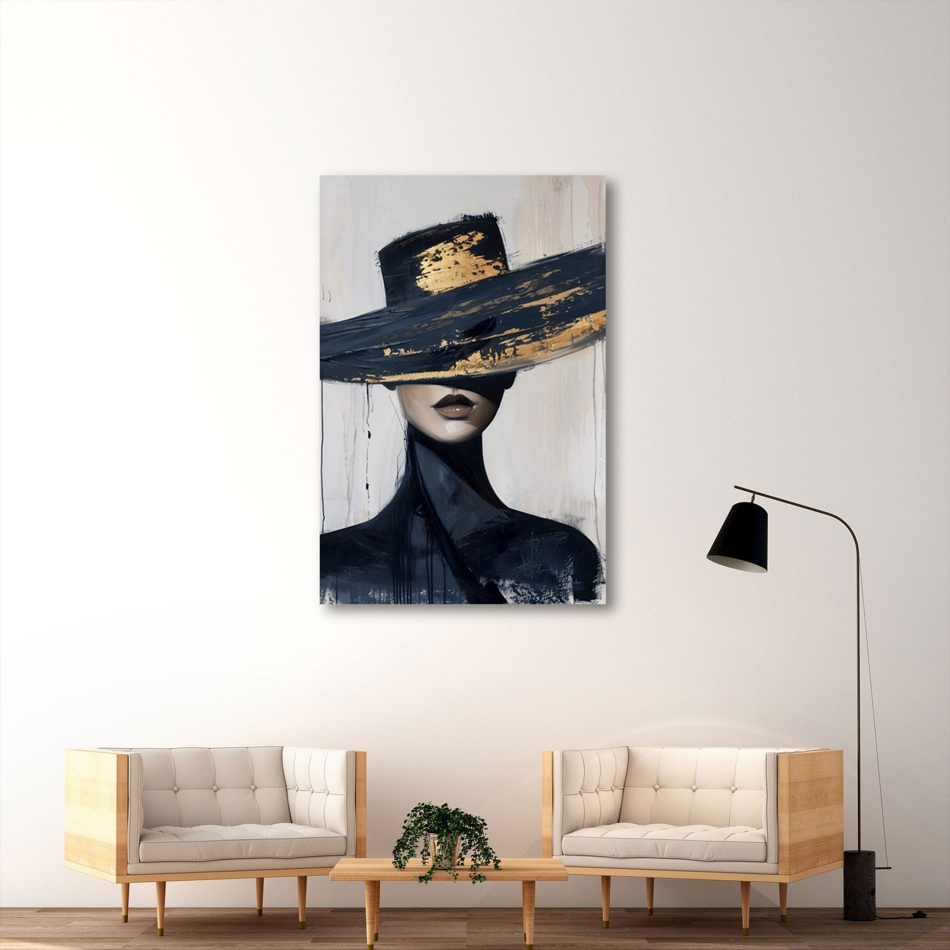 Elegante Frau schwarzer Hut Gold expressiv Wandbild