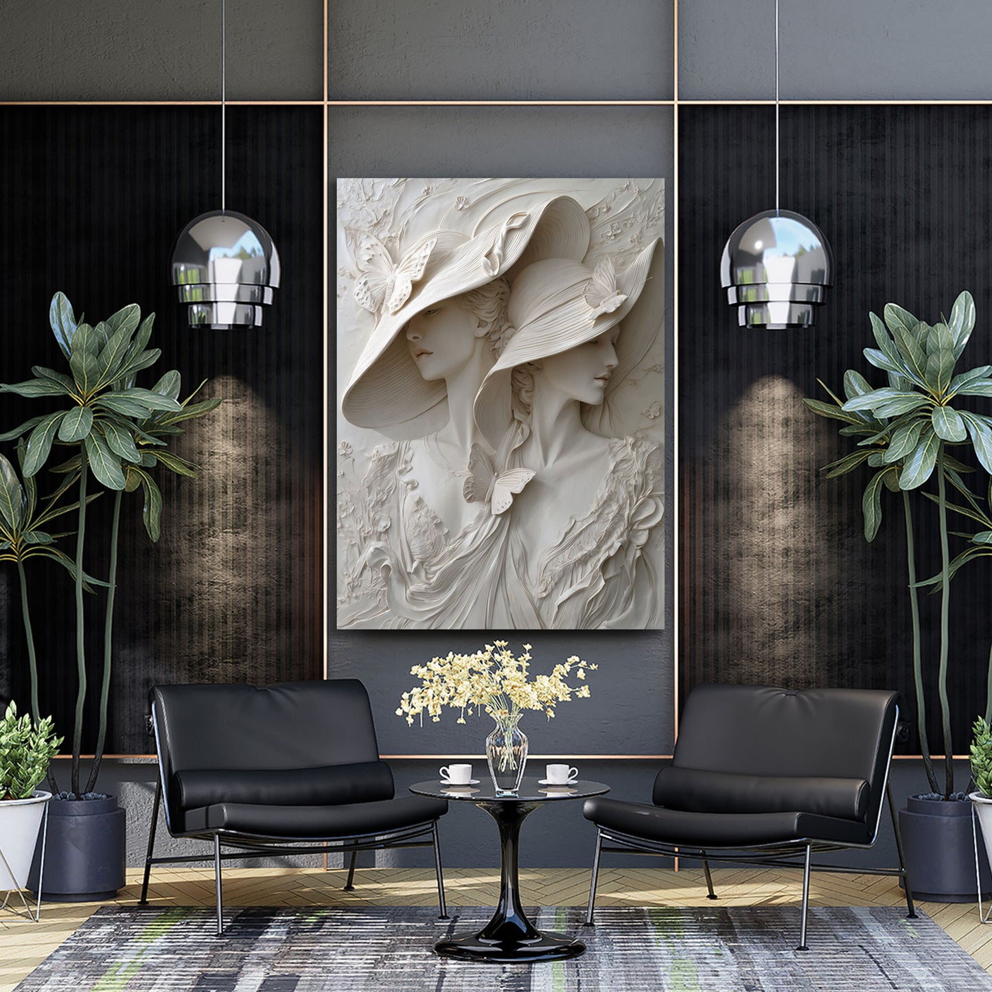 Elegante Frauen Skulptur mit Hüten Schmetterlinge Relief Wandbild