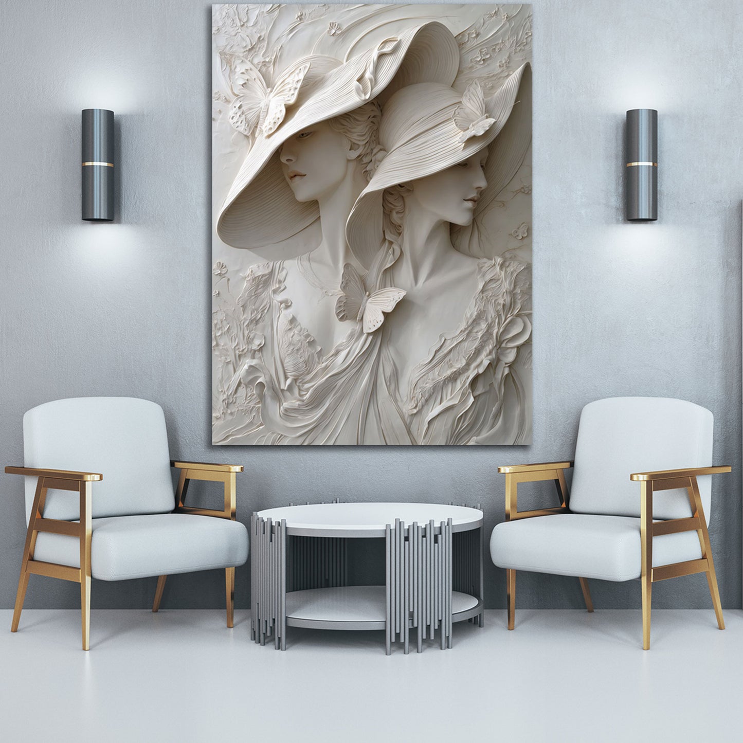 Elegante Frauen Skulptur mit Hüten Schmetterlinge Relief Wandbild