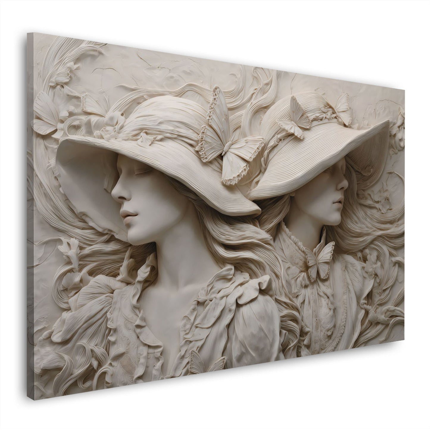 Elegante Skulptur von Frauen mit Hüten und Schmetterlingen Wandbild