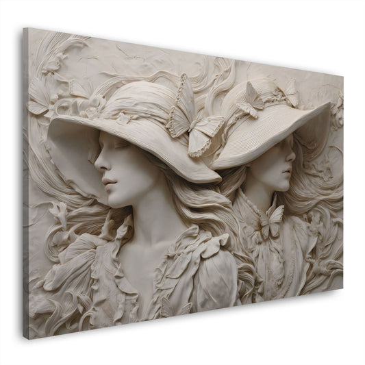 Elegante Skulptur von Frauen mit Hüten und Schmetterlingen Wandbild
