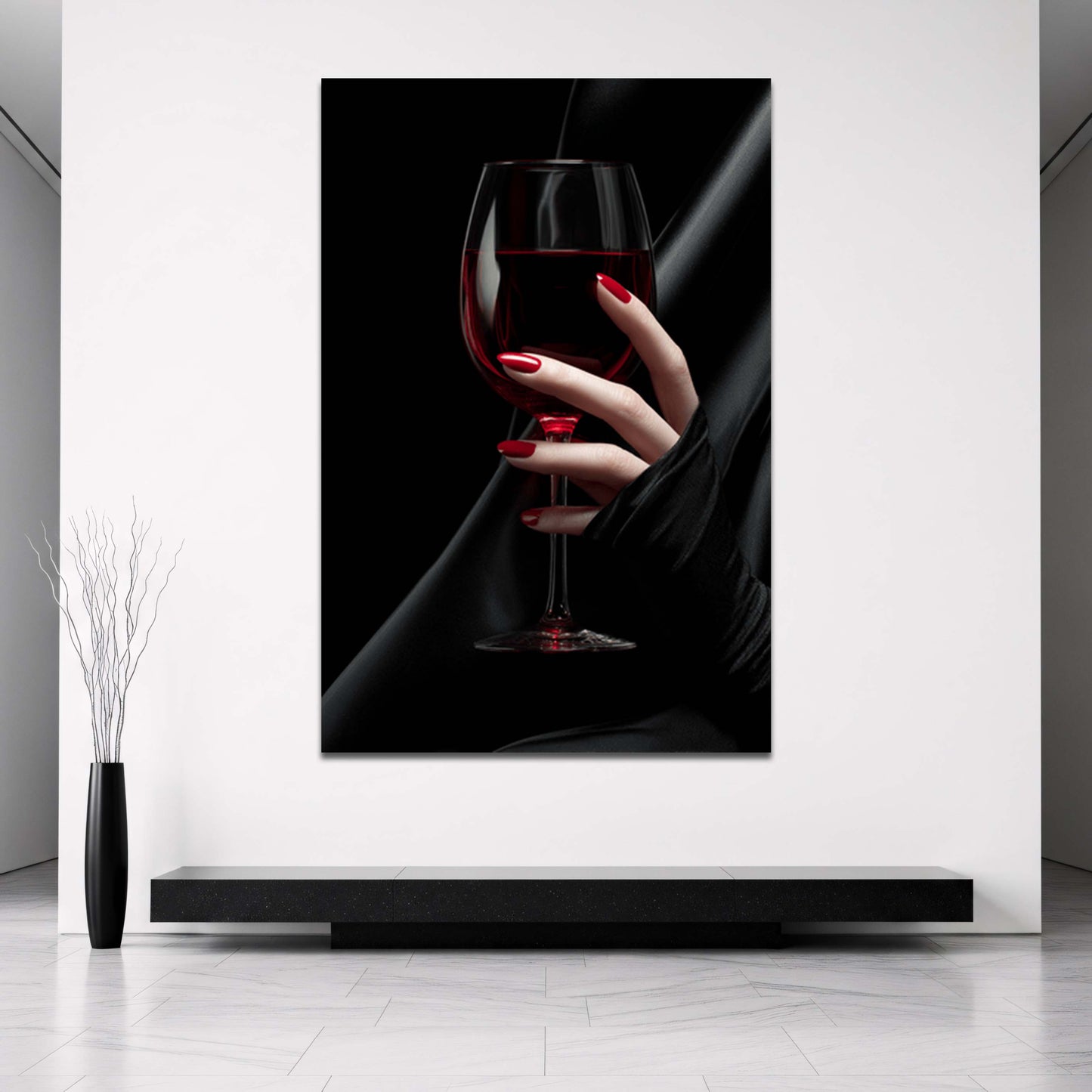 Eleganz mit Weinglas und roten Fingernägeln Wandbild