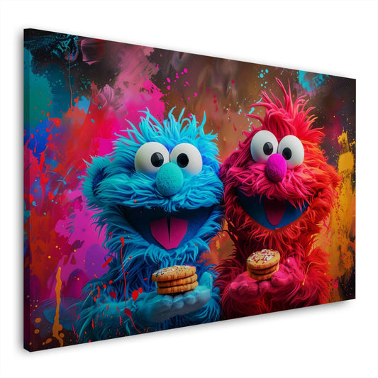Rote und blaue Plüschfigur mit Keksen vor Graffiti Wand Wandbild