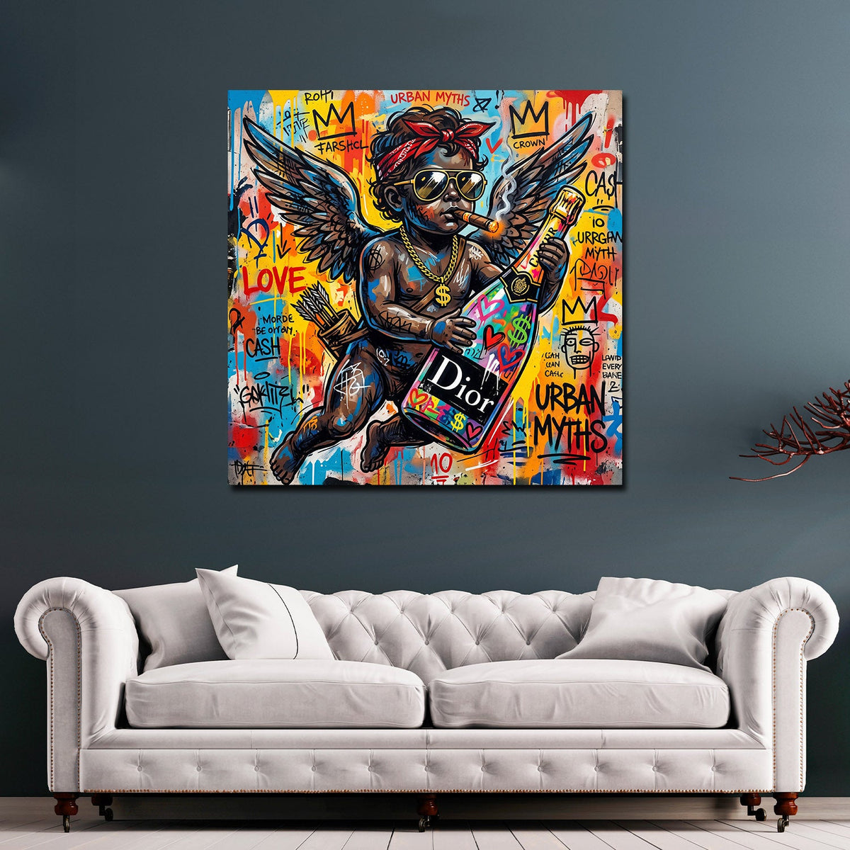 Engel mit Flasche Love Pop Art Wandbild an der Wand im Raum