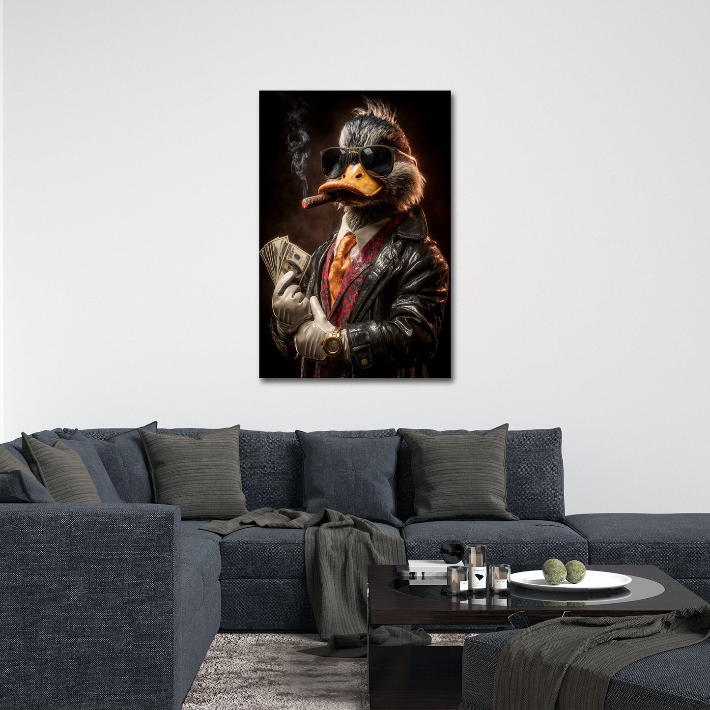 Ente im Anzug mit Geld und Erfolg im Luxus Wandbild