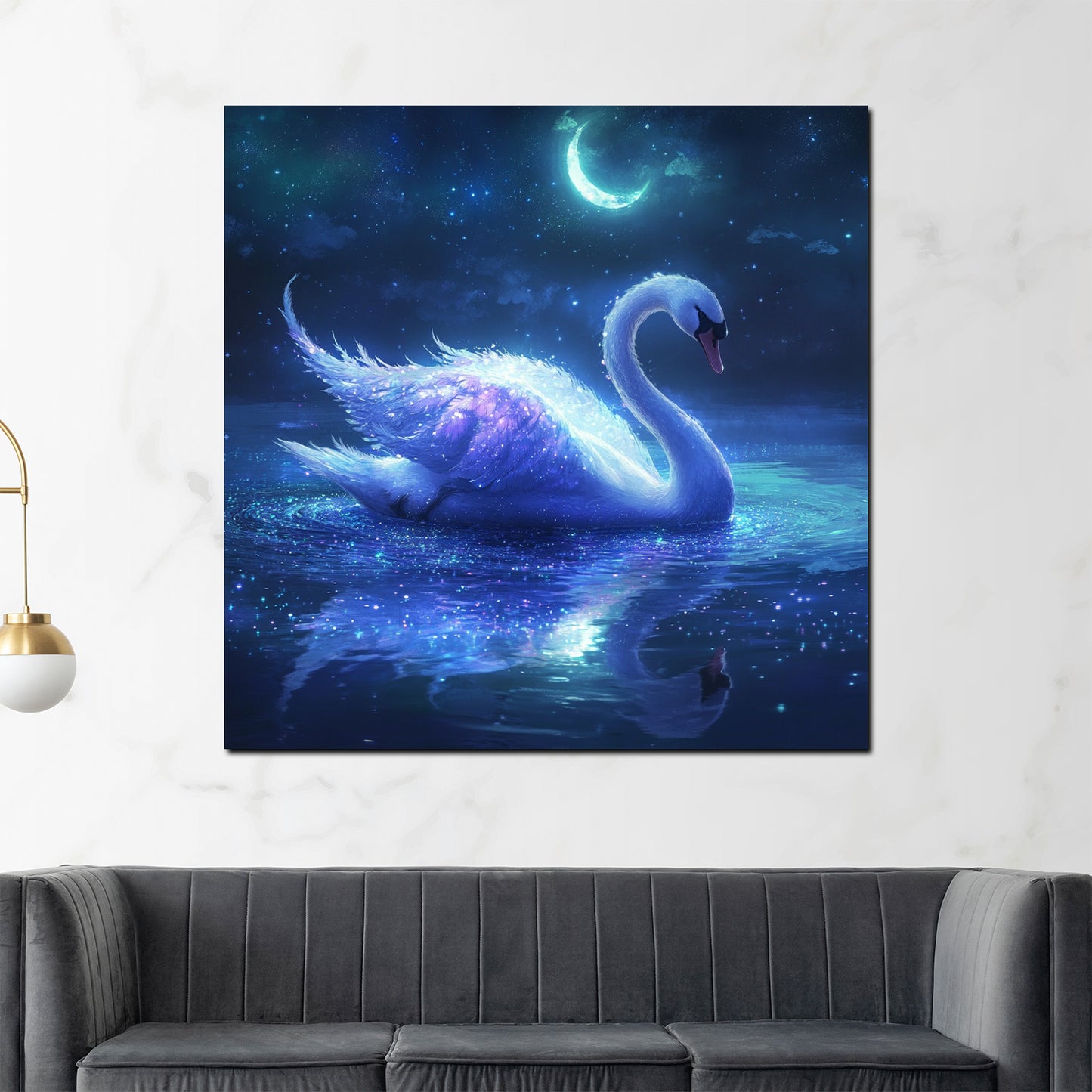 Fantasie Schwan Mondlicht Sternenhimmel Wasser Wandbild