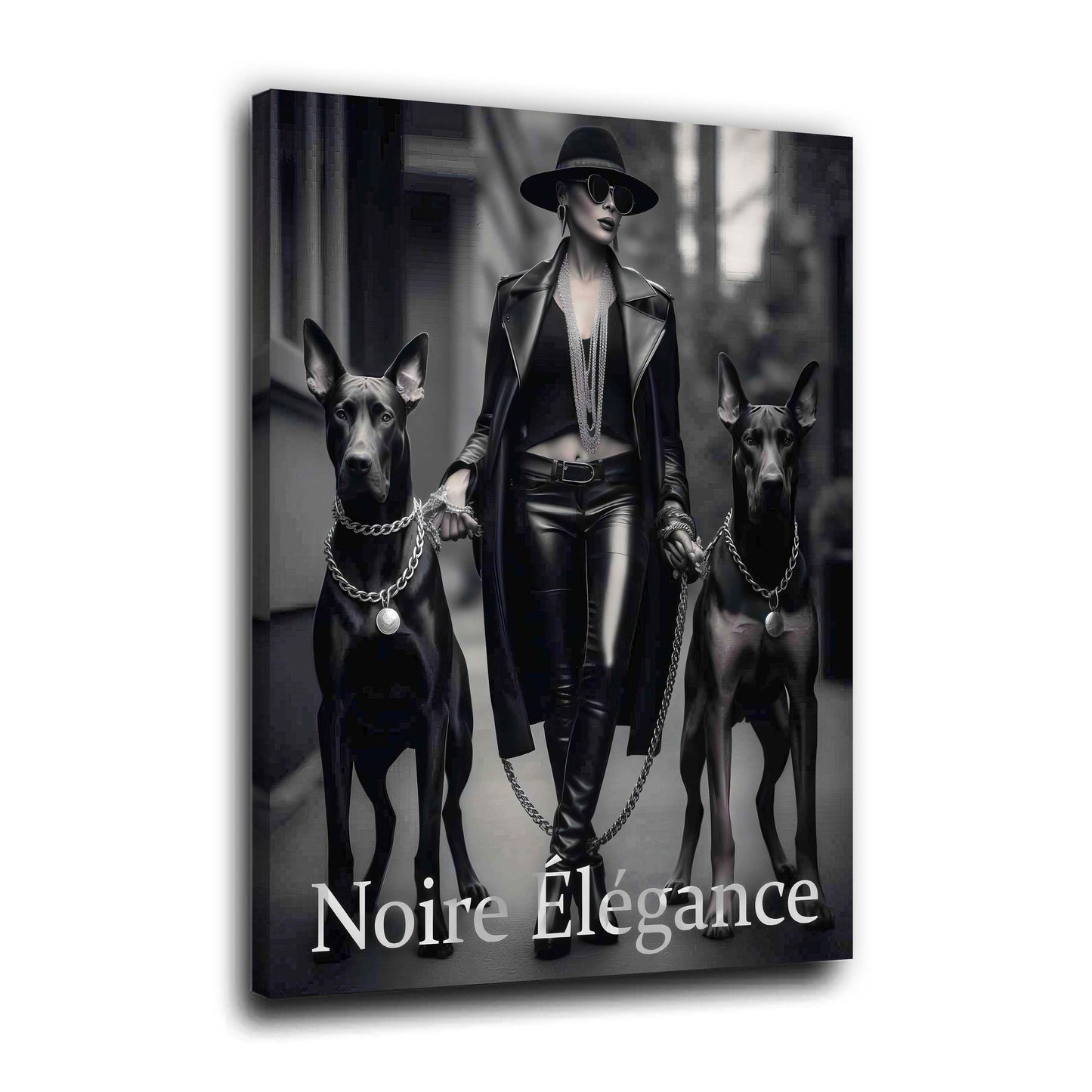 Fashion Frau mit Dobermännern Noire Élégance schwarz weiß Lederlook Wandbild