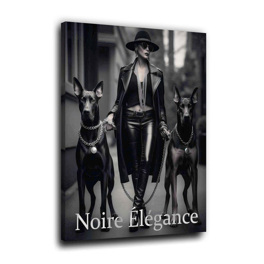 Fashion Frau mit Dobermännern Noire Élégance schwarz weiß Lederlook Wandbild