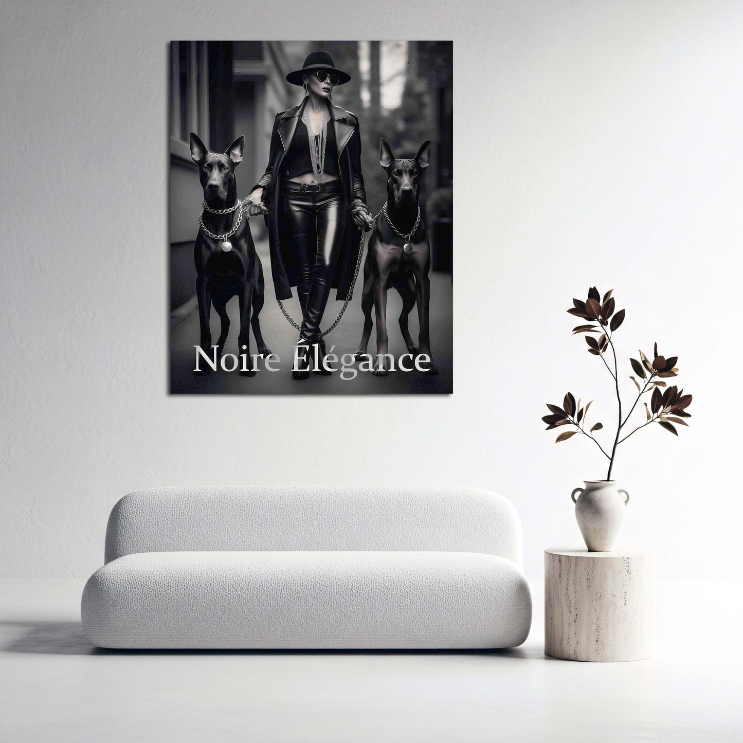 Fashion Frau mit Dobermännern Noire Élégance schwarz weiß Lederlook Wandbild