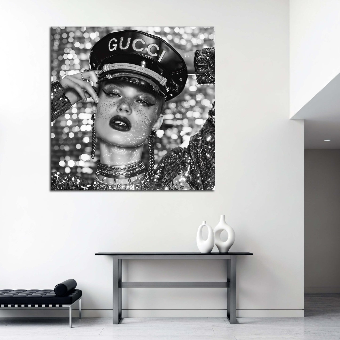 Fashion Frau Porträt Glitzer Look Luxus schwarz weiß Wandbild