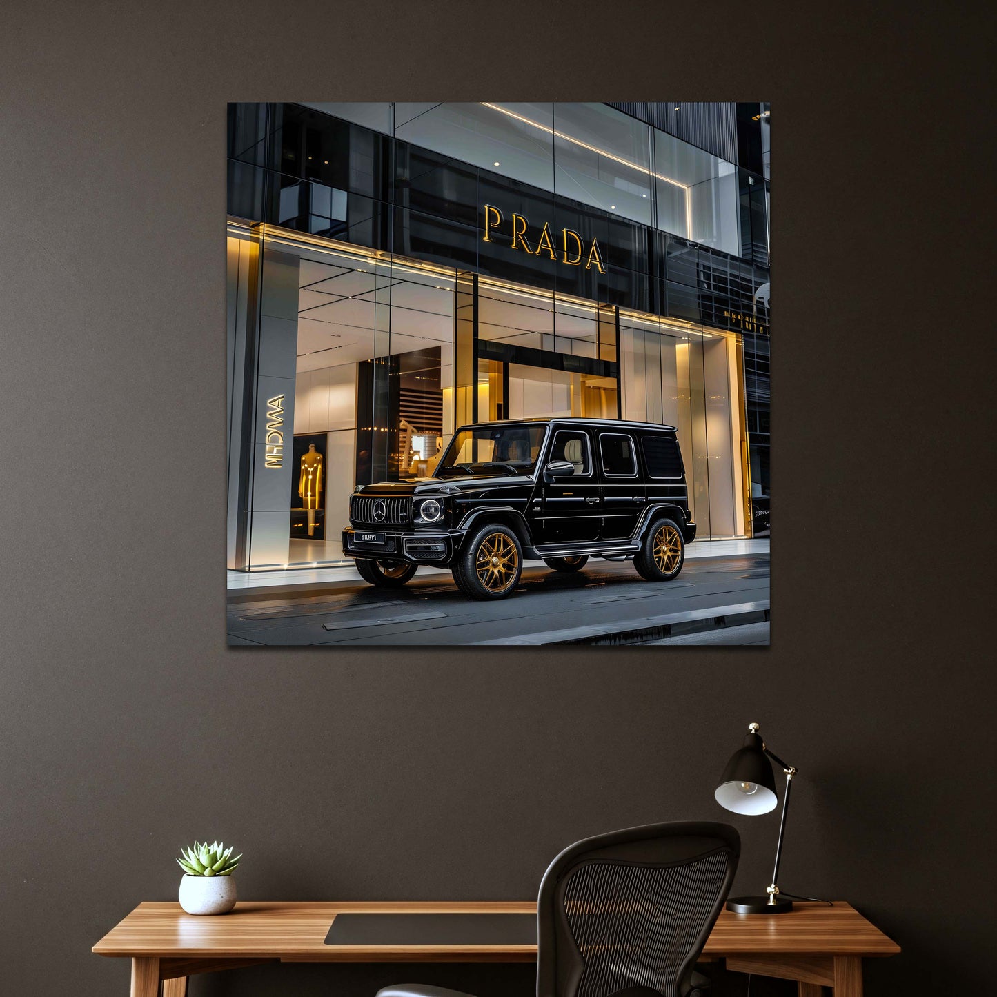 Fashion Store mit Luxus Auto G-Klasse bei Nacht Wandbild