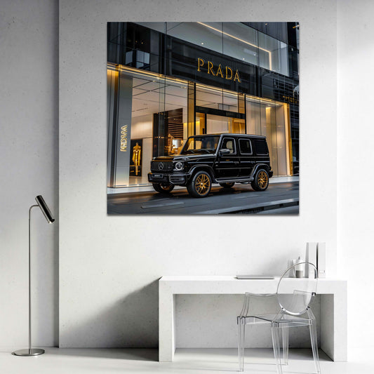 Fashion Store mit Luxus Auto G-Klasse bei Nacht Wandbild