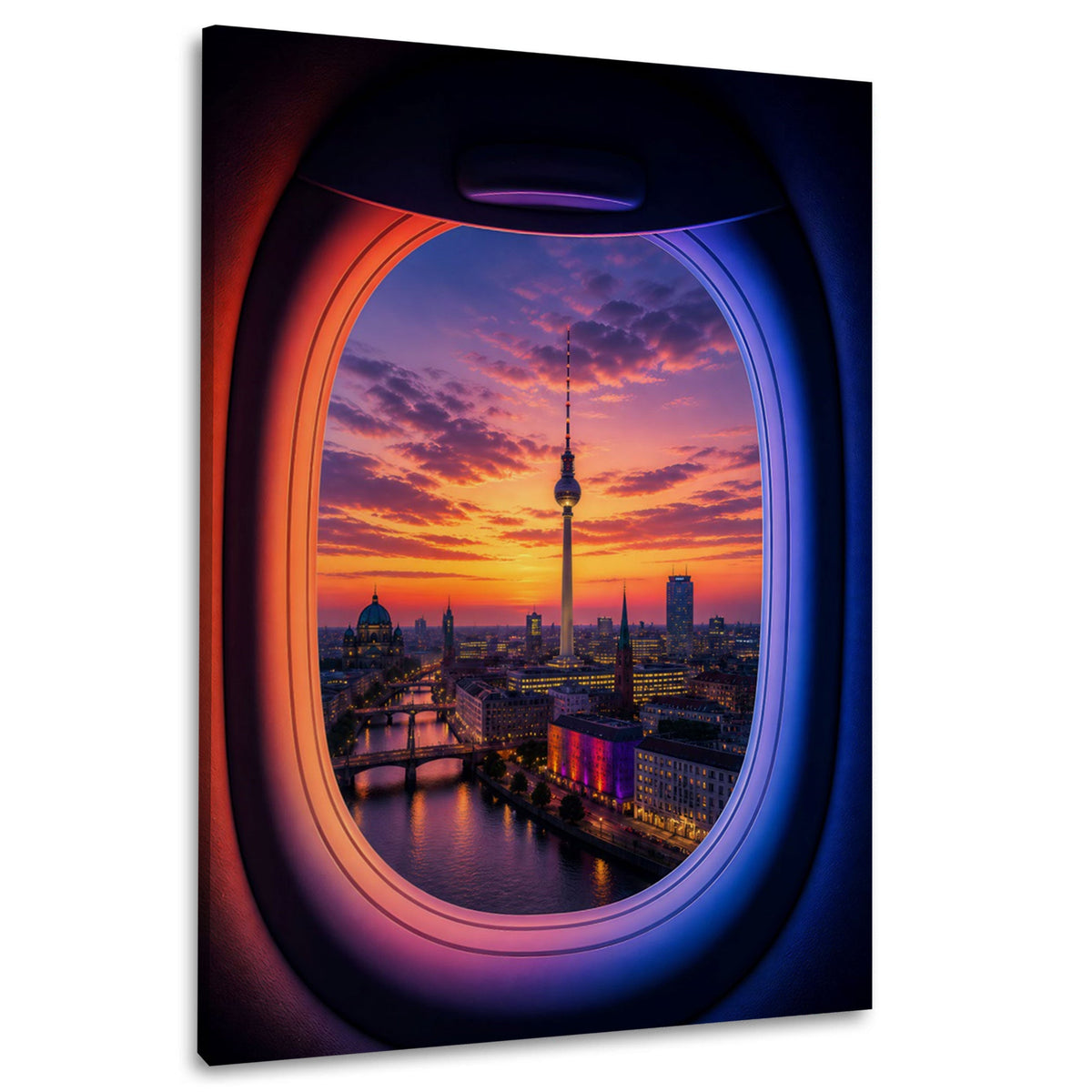 Fernsehturm Berlin im Flugzeugfenster bei Abend Wandbild im Hochformat